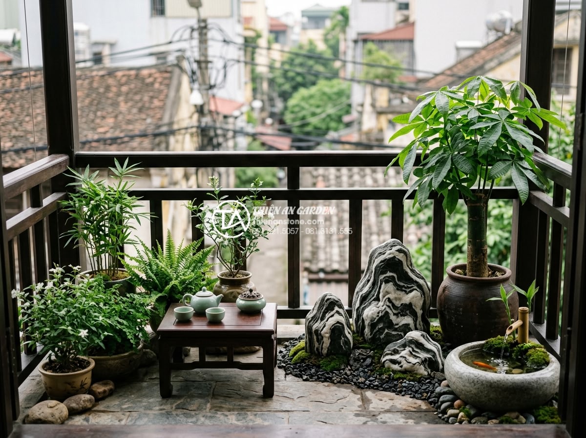 Phong thủy tiểu cảnh ban công: Cách bố trí đá và cây xanh hút tài lộc - Hình 14 Phong thủy tiểu cảnh ban công: Cách bố trí đá và cây xanh hút tài lộc - Error-free feng shui balcony arrangement with stones, plants, and symbols perfec