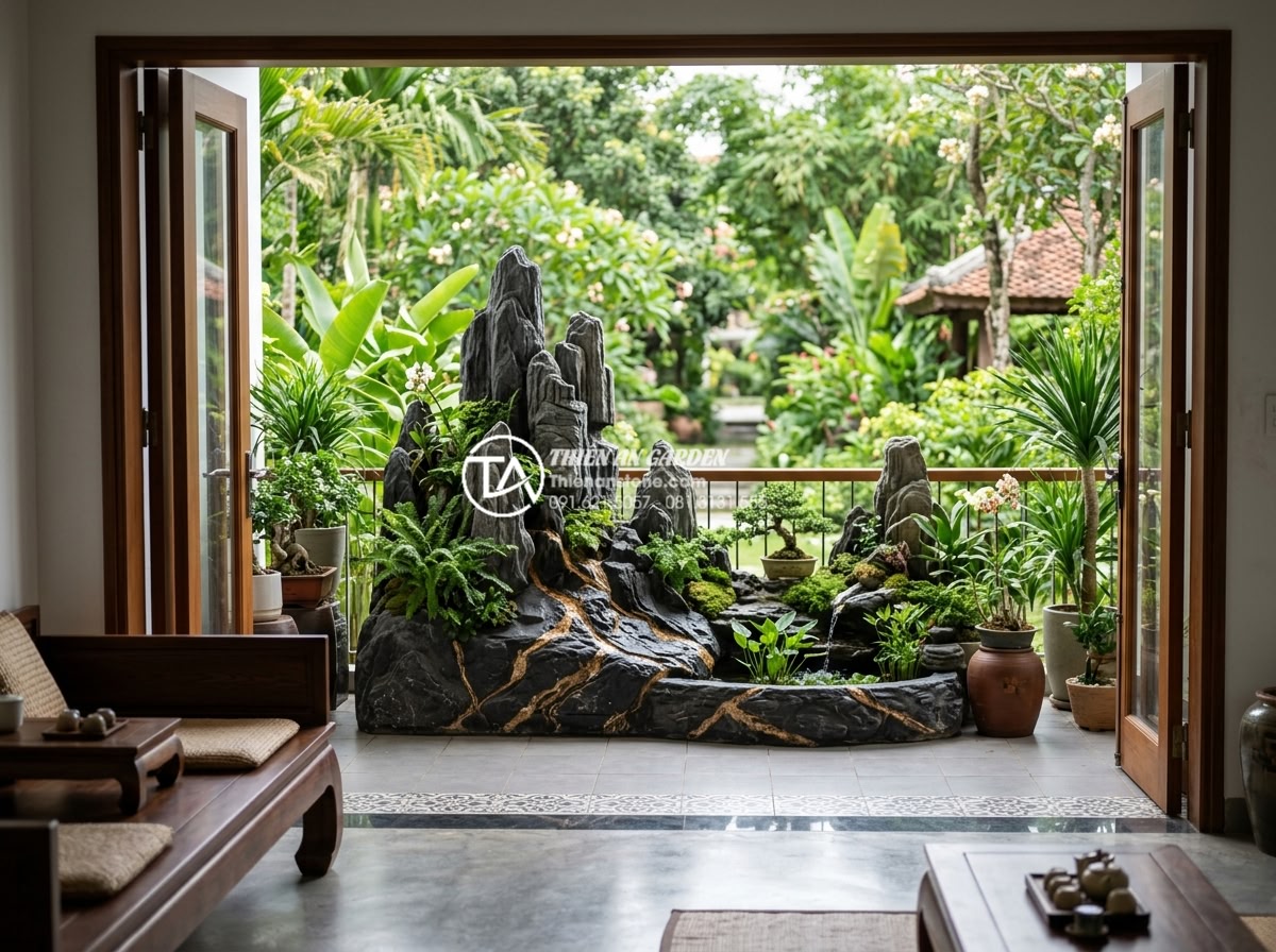 Phong thủy tiểu cảnh ban công: Cách bố trí đá và cây xanh hút tài lộc - Hình 20 Phong thủy tiểu cảnh ban công: Cách bố trí đá và cây xanh hút tài lộc - Holistic view connecting balcony stone plant setup to living room and garden are