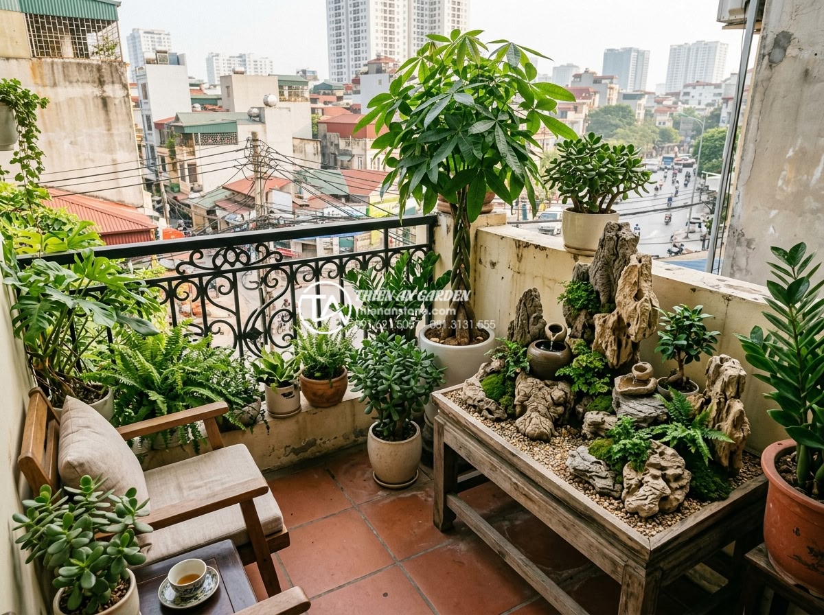 Phong thủy tiểu cảnh ban công: Cách bố trí đá và cây xanh hút tài lộc - Hình 4 Phong thủy tiểu cảnh ban công: Cách bố trí đá và cây xanh hút tài lộc - Wide angle of a south-facing balcony with strategically placed natural stones an