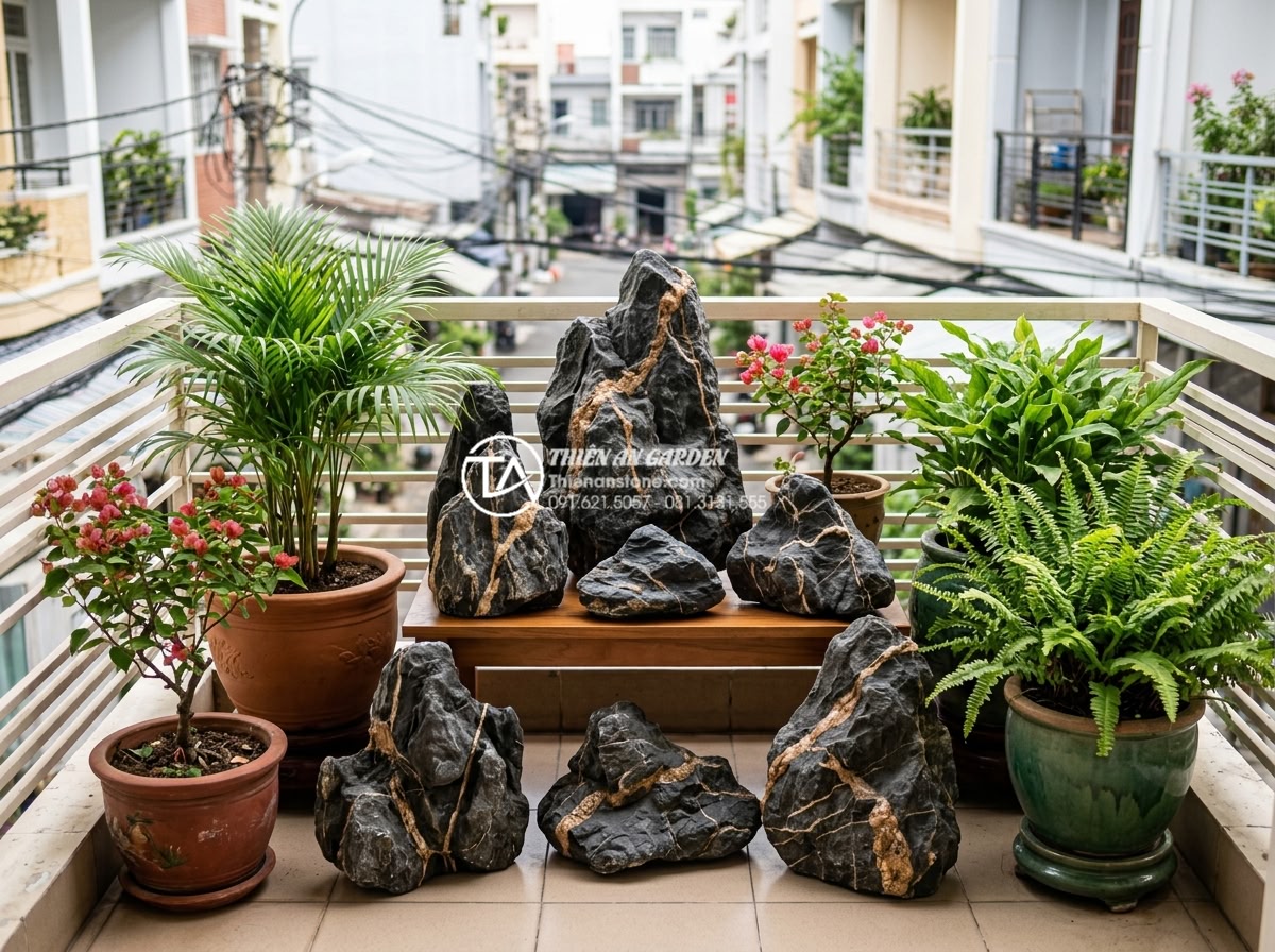 Phong thủy tiểu cảnh ban công: Cách bố trí đá và cây xanh hút tài lộc - Hình 6 Phong thủy tiểu cảnh ban công: Cách bố trí đá và cây xanh hút tài lộc - Vibrant display of feng shui colored stones in different hues placed alongside p