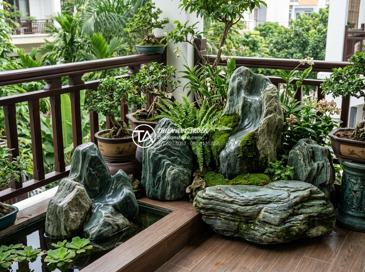 Phong thủy tiểu cảnh ban công: Cách bố trí đá và cây xanh hút tài lộc - Hình 8 Phong thủy tiểu cảnh ban công: Cách bố trí đá và cây xanh hút tài lộc - Handcrafted carved stone sculptures integrated into a lush balcony garden settin