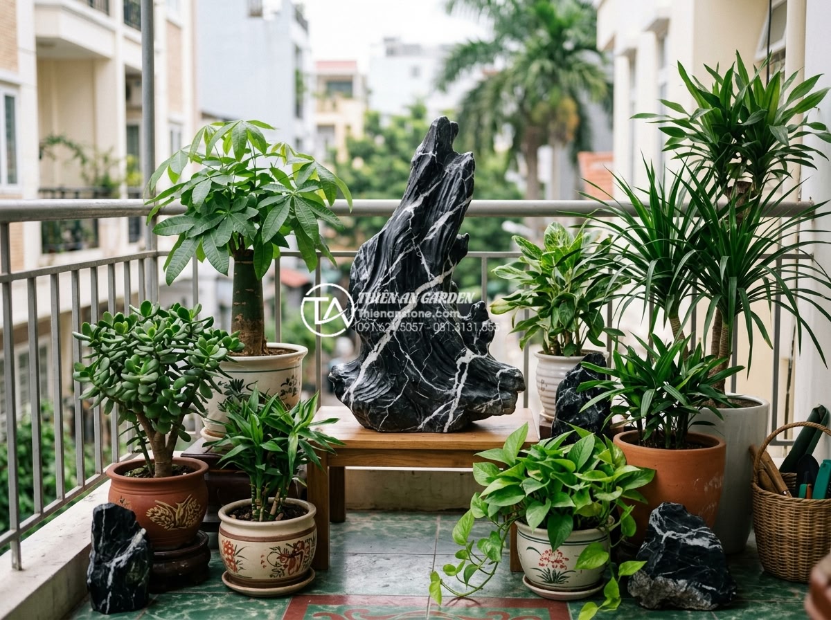 Phong thủy tiểu cảnh ban công: Cách bố trí đá và cây xanh hút tài lộc - Hình 9 Phong thủy tiểu cảnh ban công: Cách bố trí đá và cây xanh hút tài lộc - Harmonious arrangement of green plants and natural stones on a balcony designed