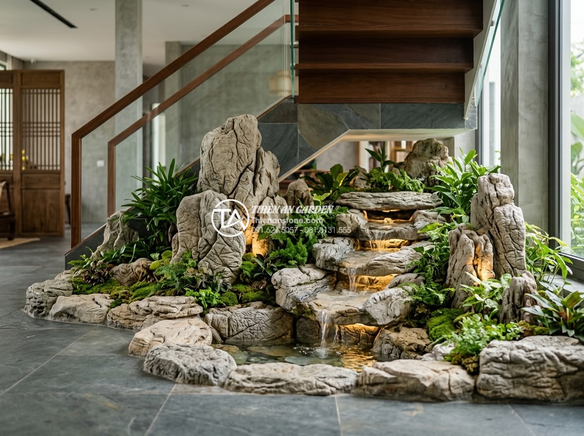 Quy trình 7 bước thi công tiểu cảnh dưới cầu thang chuẩn chuyên gia SEO đá - High-resolution image of a modern natural stone miniature landscape installed un
