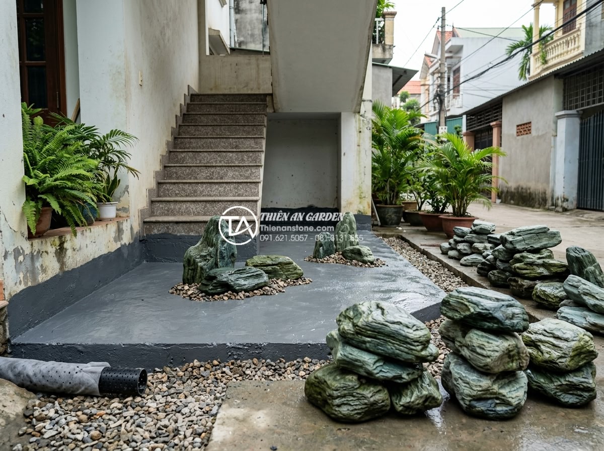 Quy trình 7 bước thi công tiểu cảnh dưới cầu thang chuẩn chuyên gia SEO đá - Finished waterproofed foundation layer with integrated drainage system ready for