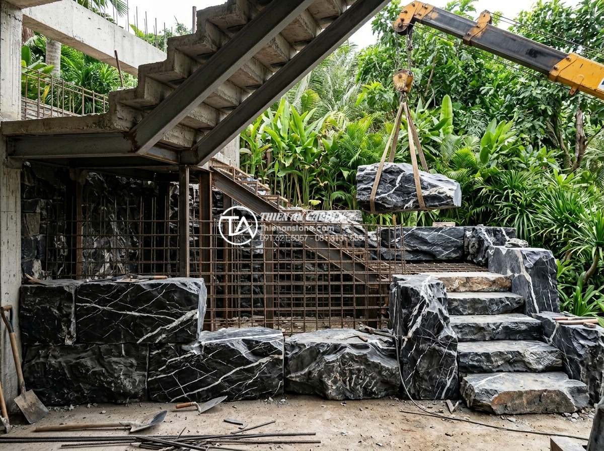 Quy trình 7 bước thi công tiểu cảnh dưới cầu thang chuẩn chuyên gia SEO đá - Workers installing metal framework and positioning large natural stone blocks un