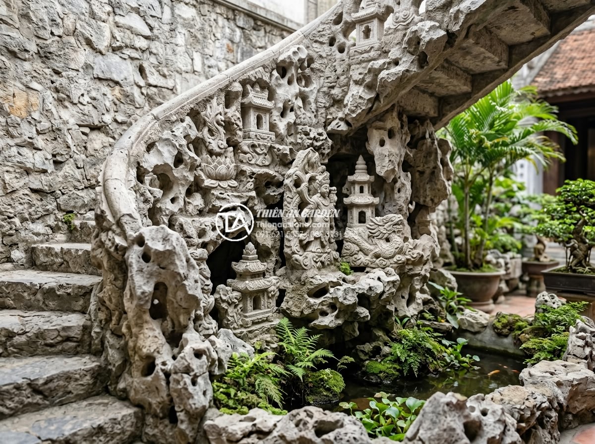Quy trình 7 bước thi công tiểu cảnh dưới cầu thang chuẩn chuyên gia SEO đá - Ornate carved stone sculptures and decorative accents placed within the under-st