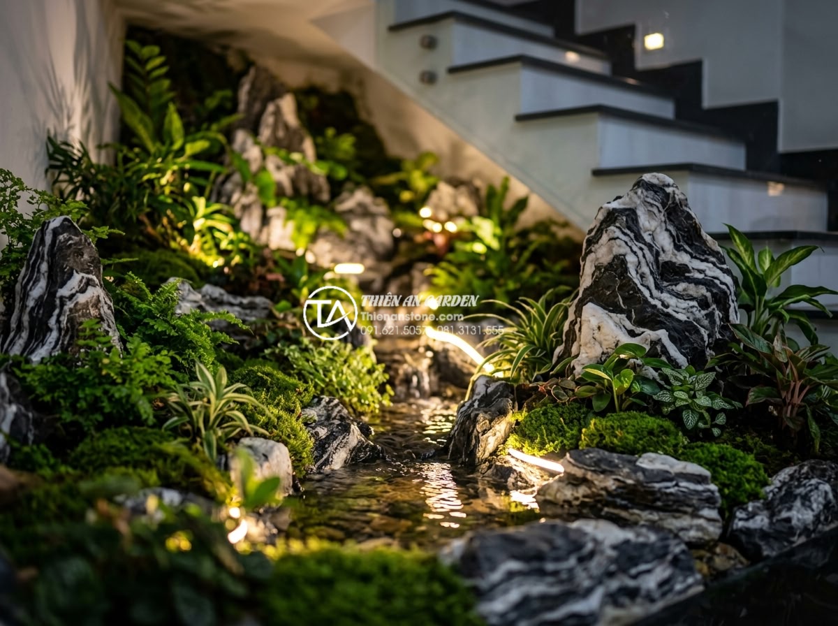 Quy trình 7 bước thi công tiểu cảnh dưới cầu thang chuẩn chuyên gia SEO đá - Completed under-stair miniature landscape at night with glowing LED lighting, fl