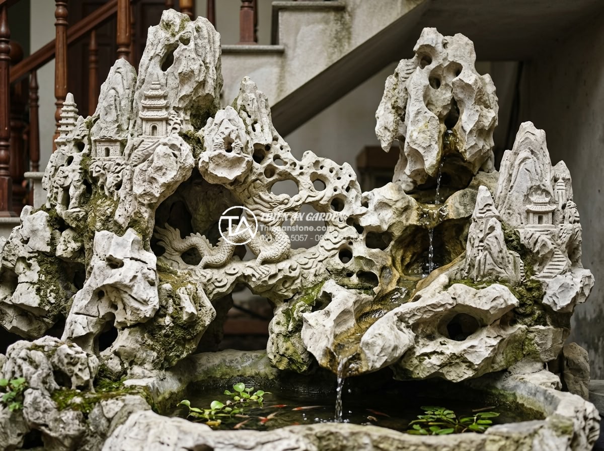Quy trình 7 bước thi công tiểu cảnh dưới cầu thang chuẩn chuyên gia SEO đá - Detailed close-up view of carved decorative stone elements in a under-stair rock