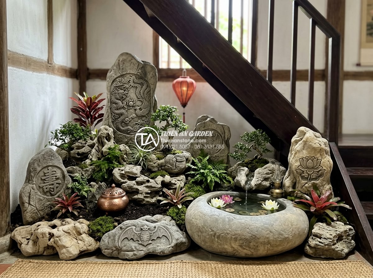 Quy trình 7 bước thi công tiểu cảnh dưới cầu thang chuẩn chuyên gia SEO đá - Harmonious under-stair stone scene designed according to feng shui principles wi