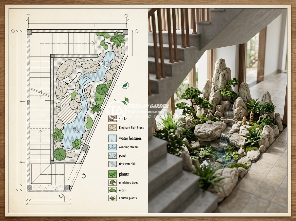 Quy trình 7 bước thi công tiểu cảnh dưới cầu thang chuẩn chuyên gia SEO đá - Completed detailed blueprint and 3D render of a planned under-stair stone miniat