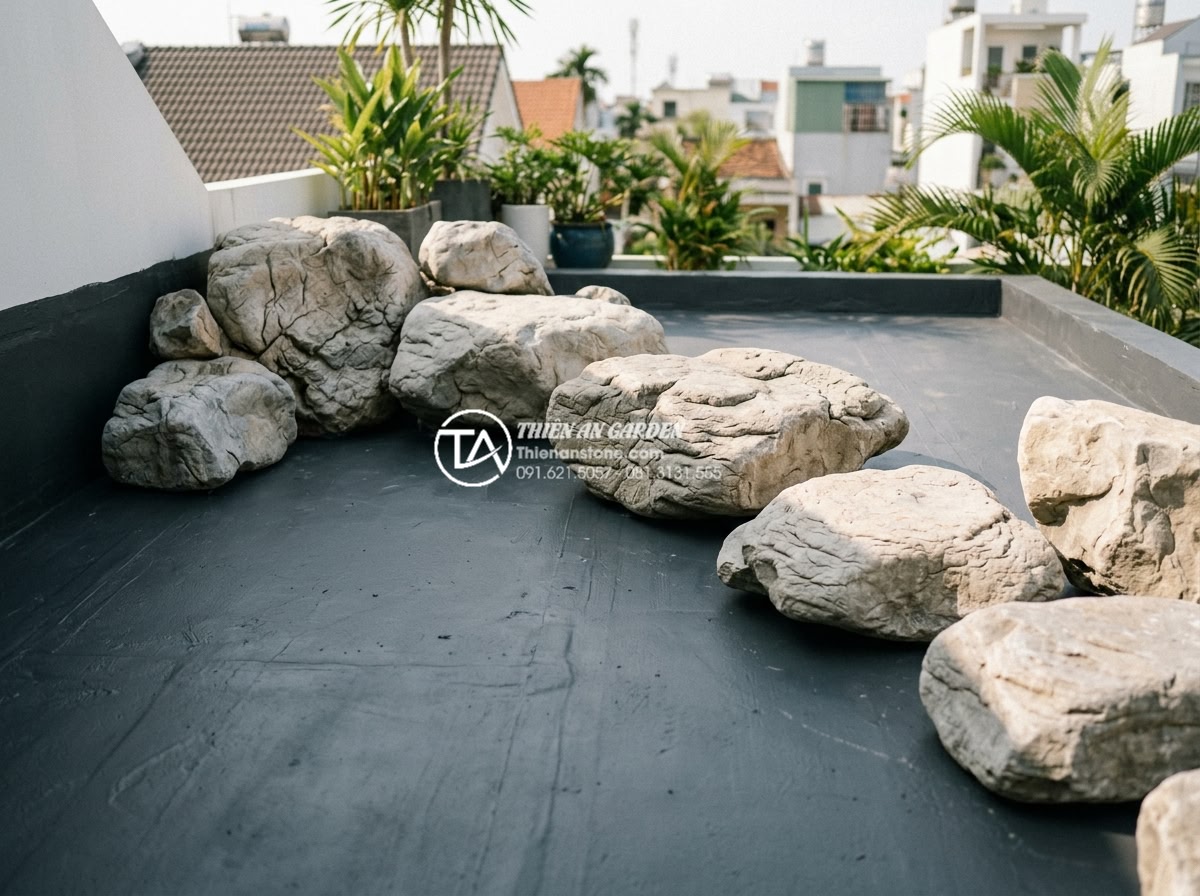 Quy trình chống thấm sân thượng triệt để trước khi làm tiểu cảnh nước - Hình 10 Quy trình chống thấm sân thượng triệt để trước khi làm tiểu cảnh nước - Full waterproofing layers completed on terrace ready for natural stone water lan