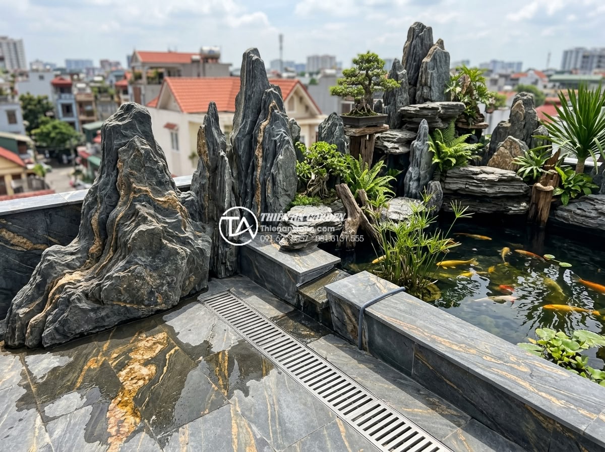 Quy trình chống thấm sân thượng triệt để trước khi làm tiểu cảnh nước - Hình 12 Quy trình chống thấm sân thượng triệt để trước khi làm tiểu cảnh nước - Integrated waterproofing and drainage system for rooftop koi pond and stone scul