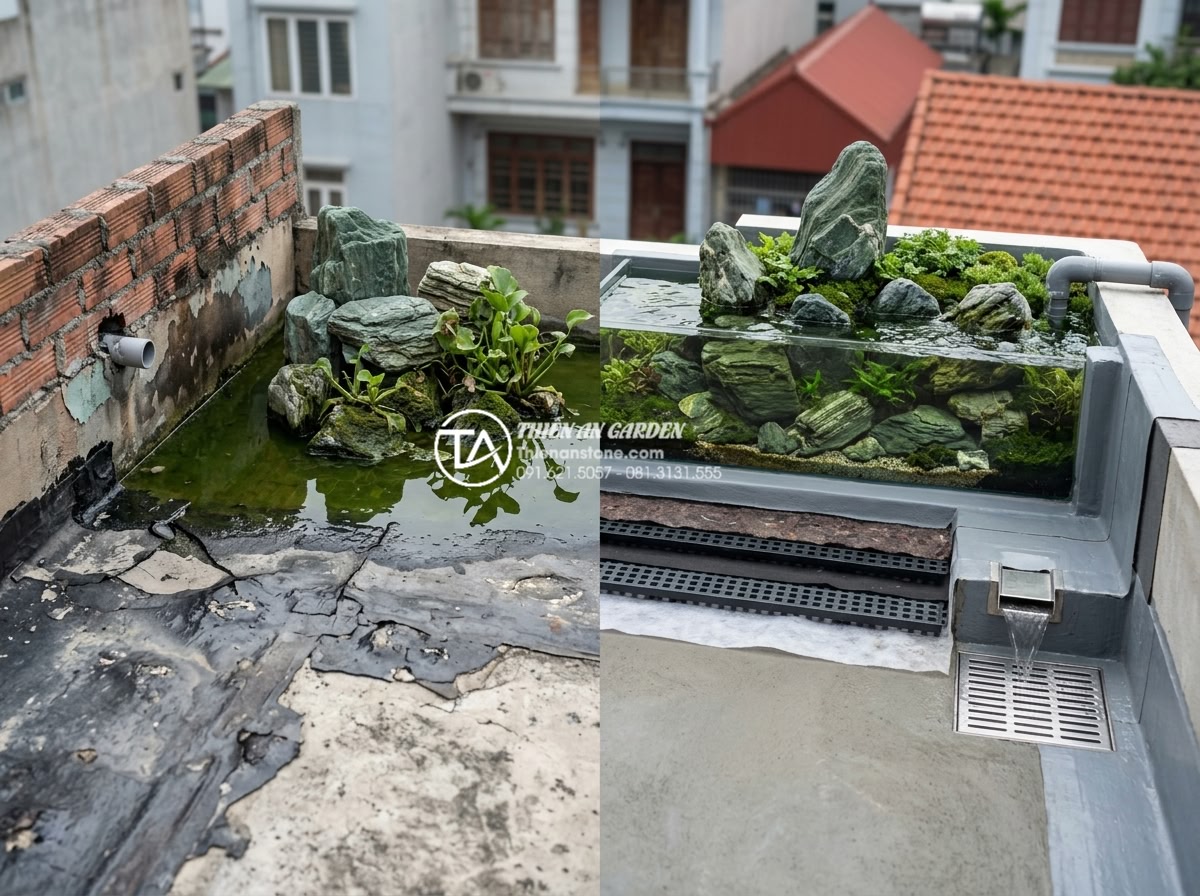 Quy trình chống thấm sân thượng triệt để trước khi làm tiểu cảnh nước - Hình 14 Quy trình chống thấm sân thượng triệt để trước khi làm tiểu cảnh nước - Common mistakes in rooftop waterproofing being highlighted and corrected for wat