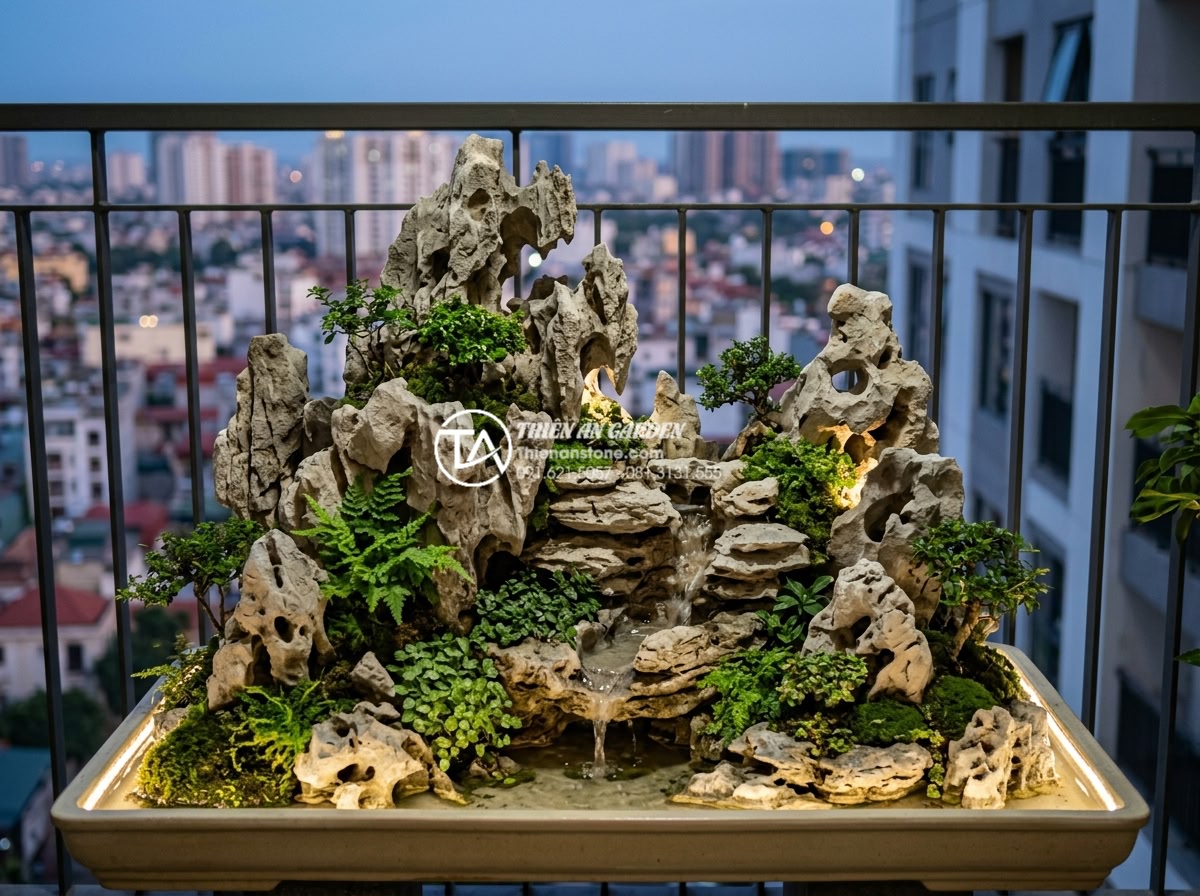 Review 10 đơn vị thiết kế thi công tiểu cảnh ban công uy tín nhất hiện nay - Modern urban balcony transformed into a serene miniature rock garden with layere