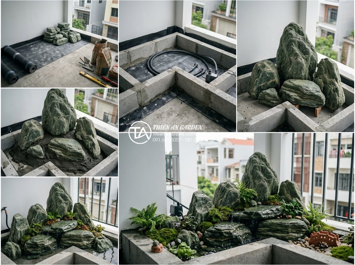 Review 10 đơn vị thiết kế thi công tiểu cảnh ban công uy tín nhất hiện nay - Step-by-step professional installation process of stone elements and water featu