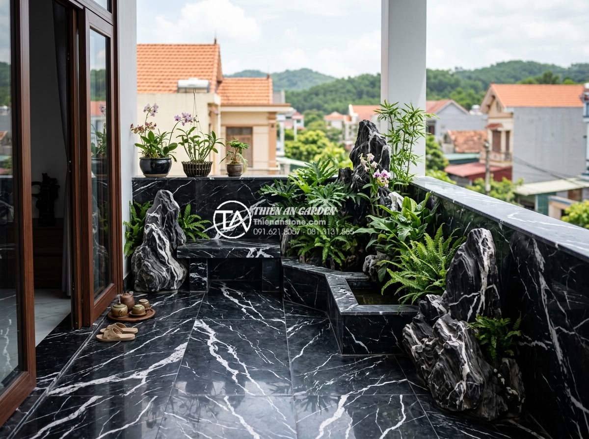 Review 10 đơn vị thiết kế thi công tiểu cảnh ban công uy tín nhất hiện nay - Final inspection and handover of completed natural stone balcony landscape to sa