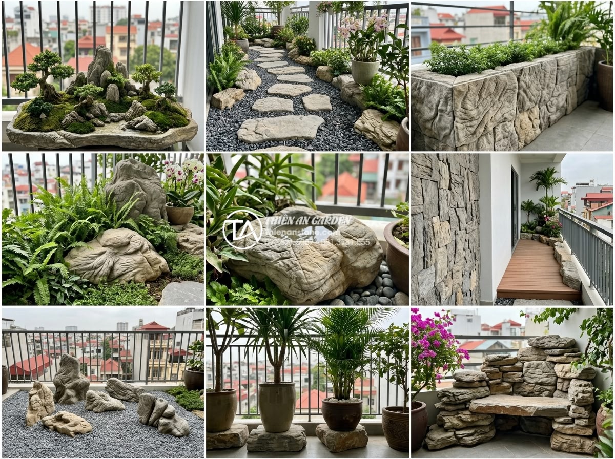 Review 10 đơn vị thiết kế thi công tiểu cảnh ban công uy tín nhất hiện nay - Collage of 10 different reputable balcony landscape projects highlighting natura