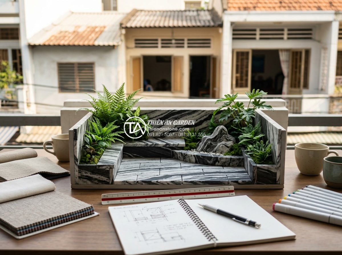 Review 10 đơn vị thiết kế thi công tiểu cảnh ban công uy tín nhất hiện nay - Client consulting with landscape experts while reviewing 3D design plans for bal