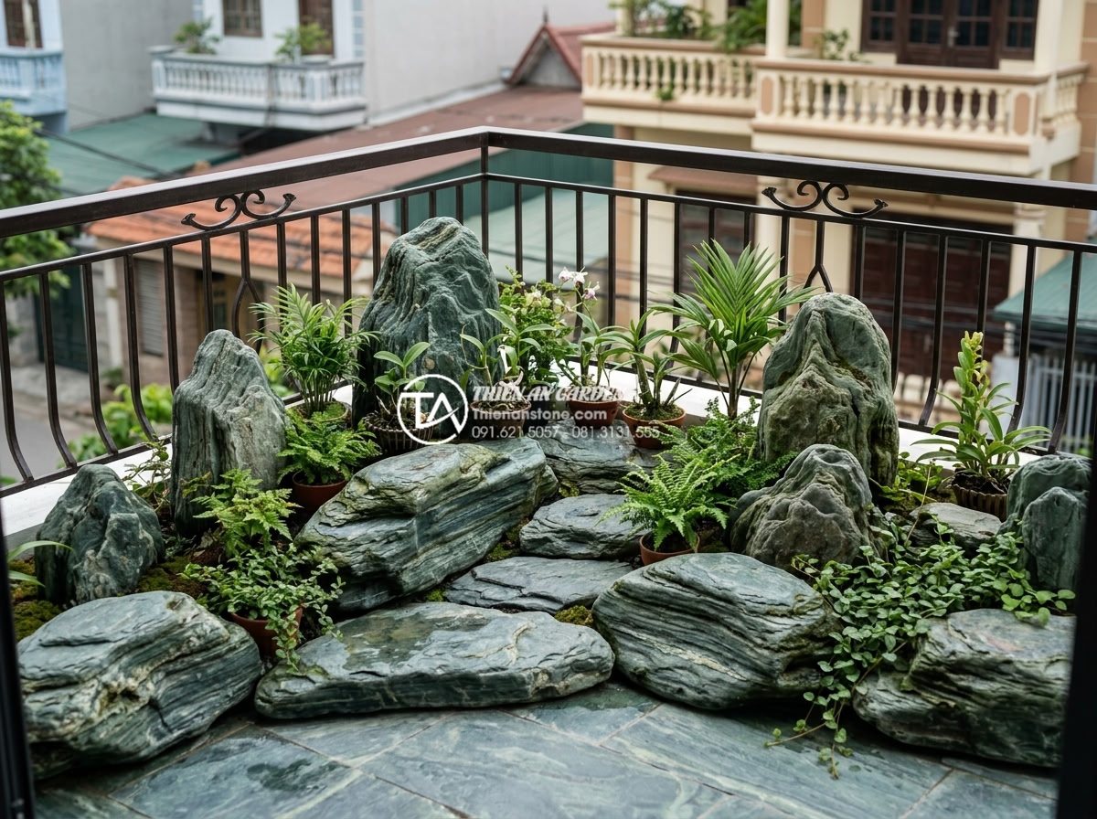 Review 10 đơn vị thiết kế thi công tiểu cảnh ban công uy tín nhất hiện nay - Happy family enjoying their newly completed stone balcony garden with children p