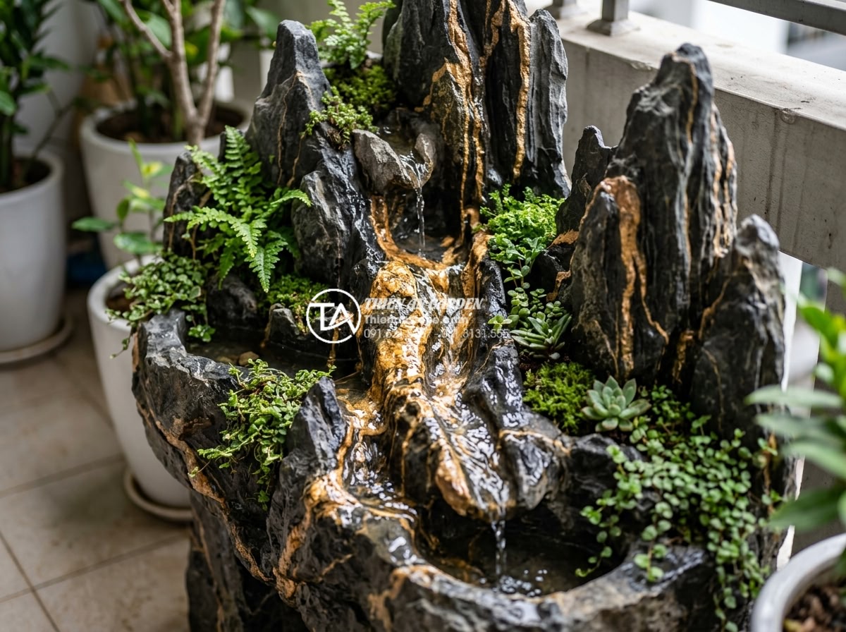 Review 10 đơn vị thiết kế thi công tiểu cảnh ban công uy tín nhất hiện nay - Close-up view of hand-carved natural stone elements integrated with green plants