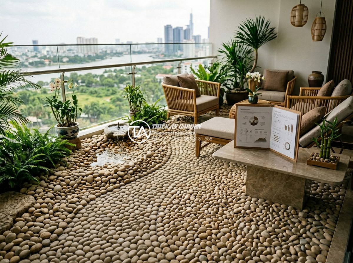 Review 10 đơn vị thiết kế thi công tiểu cảnh ban công uy tín nhất hiện nay - Luxury balcony project with high-end stone work and pricing transparency display
