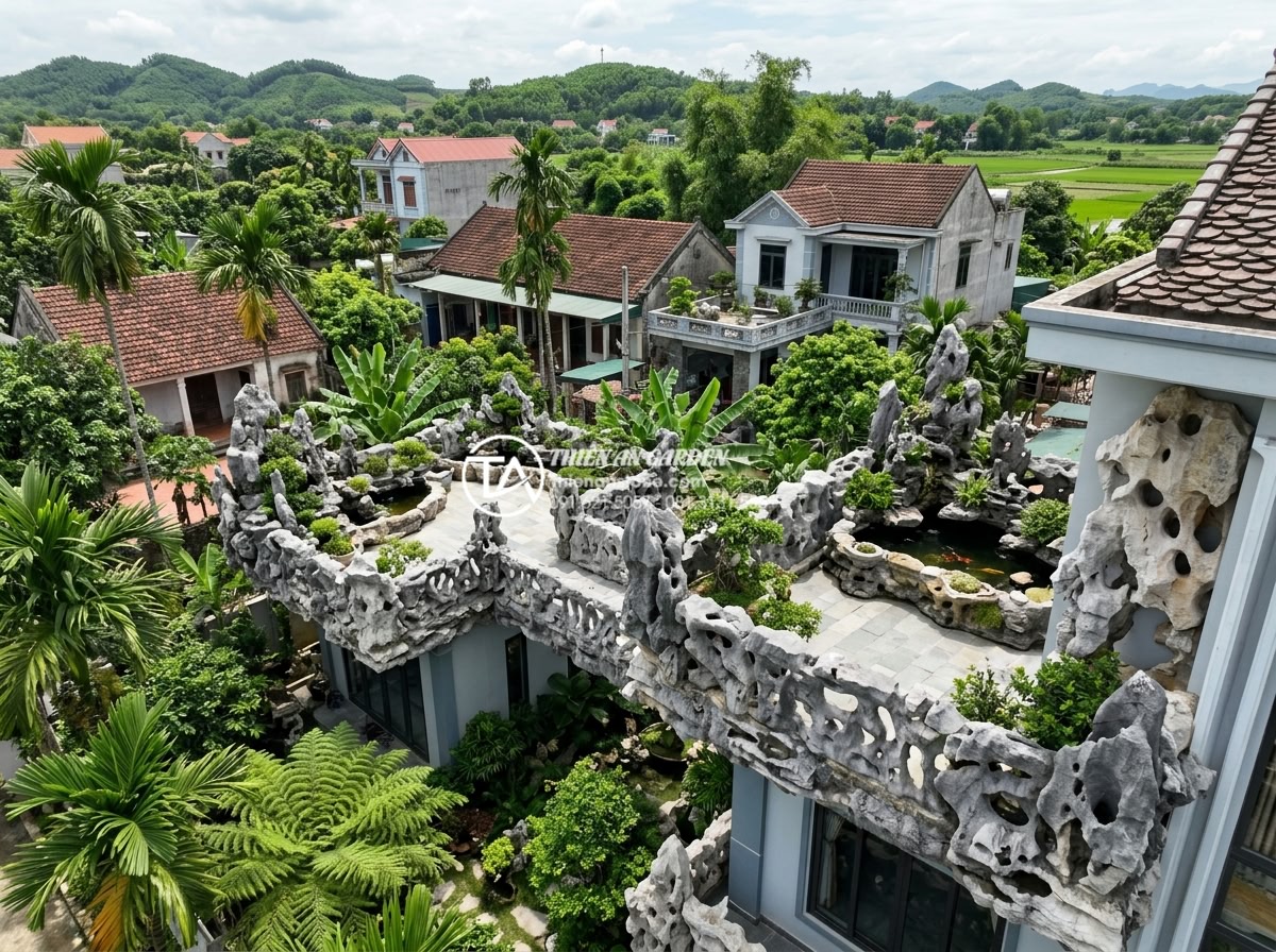 Review 10 đơn vị thiết kế thi công tiểu cảnh ban công uy tín nhất hiện nay - Aerial view of multiple successful Thien An stone balcony landscape installation