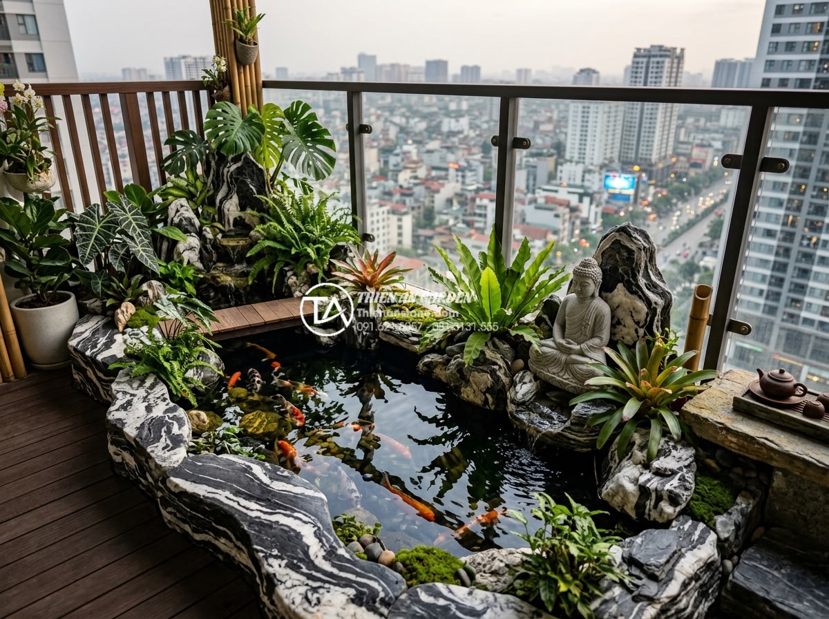 Review 10 đơn vị thiết kế thi công tiểu cảnh ban công uy tín nhất hiện nay - Luxurious balcony mini landscape featuring carved stone sculptures, koi pond ele