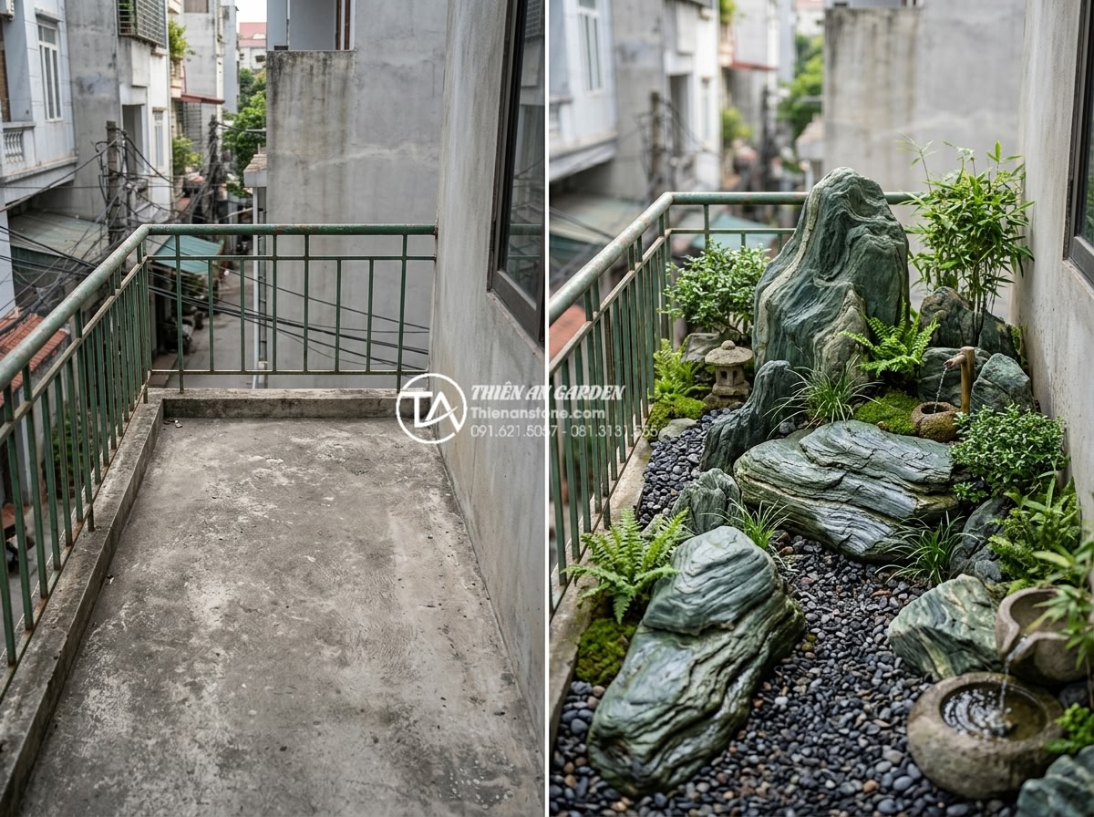 Review 10 đơn vị thiết kế thi công tiểu cảnh ban công uy tín nhất hiện nay - Before and after comparison of a plain concrete balcony turned into a beautiful 