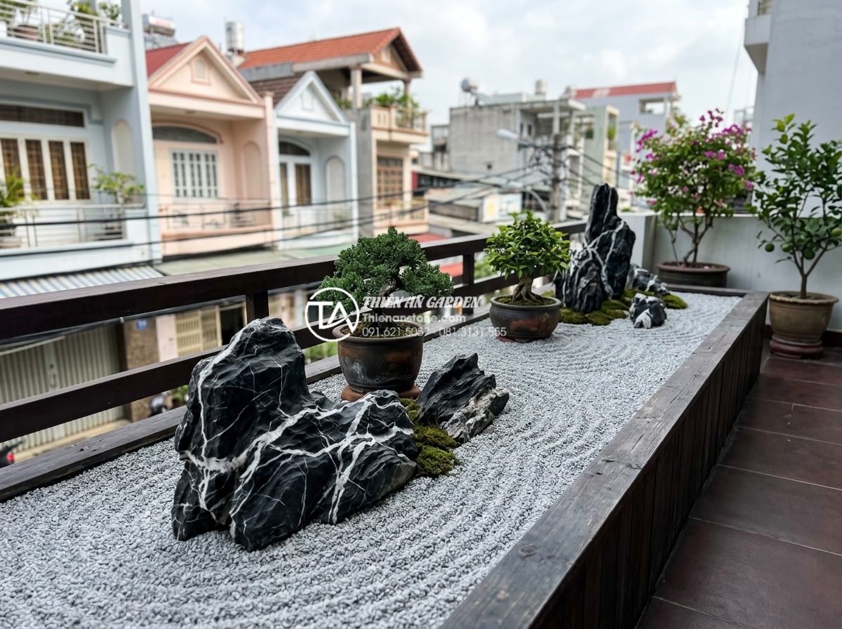 Review 10 đơn vị thiết kế thi công tiểu cảnh ban công uy tín nhất hiện nay - Japanese Zen style balcony rock garden with raked gravel, large natural stones a