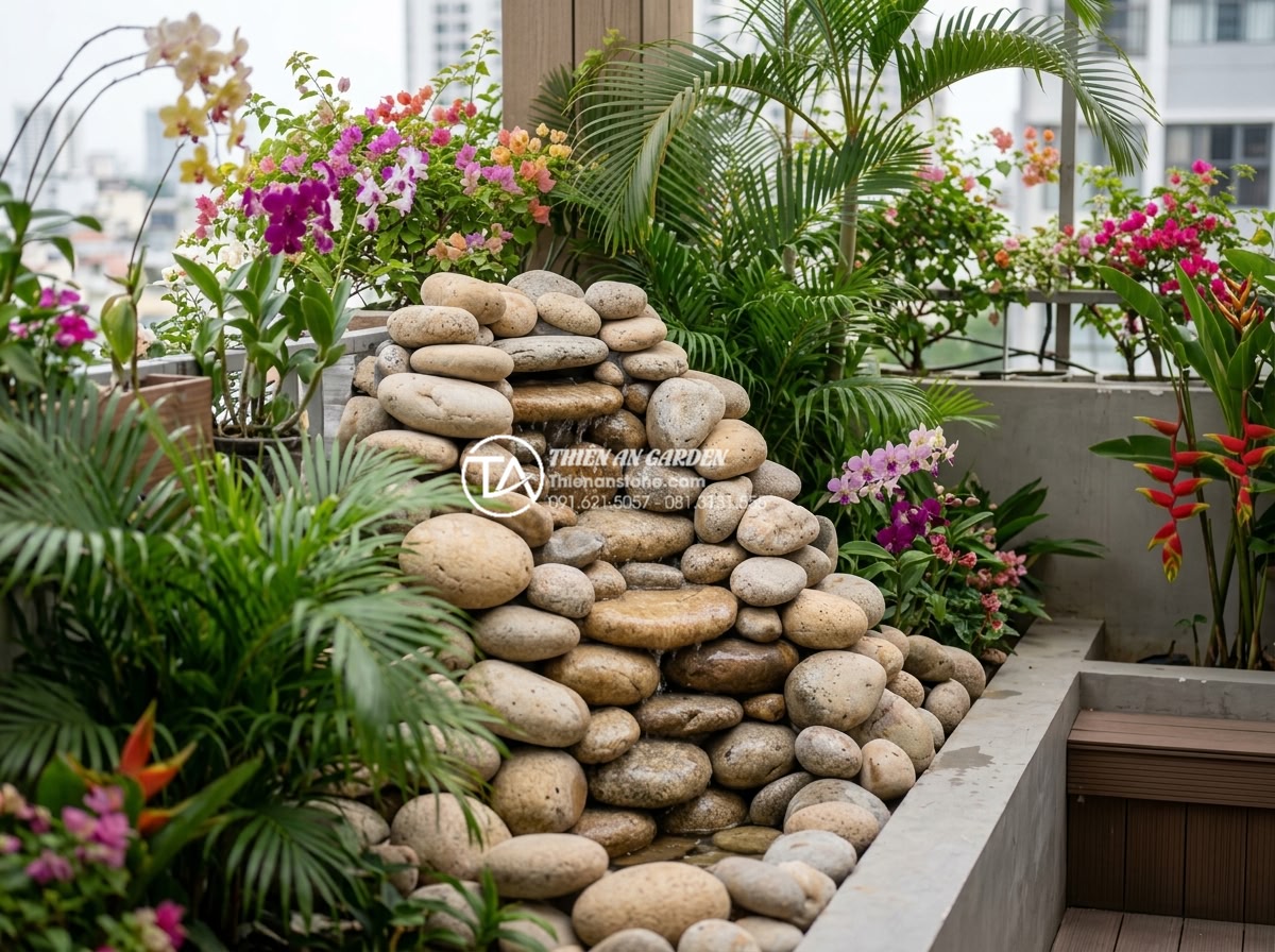 Review 10 đơn vị thiết kế thi công tiểu cảnh ban công uy tín nhất hiện nay - Tropical style balcony with cascading stone waterfall, palm plants and colorful 