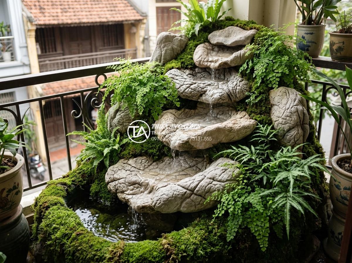 Review 10 đơn vị thiết kế thi công tiểu cảnh ban công uy tín nhất hiện nay - High-quality natural granite stones carved into artistic waterfall feature surro