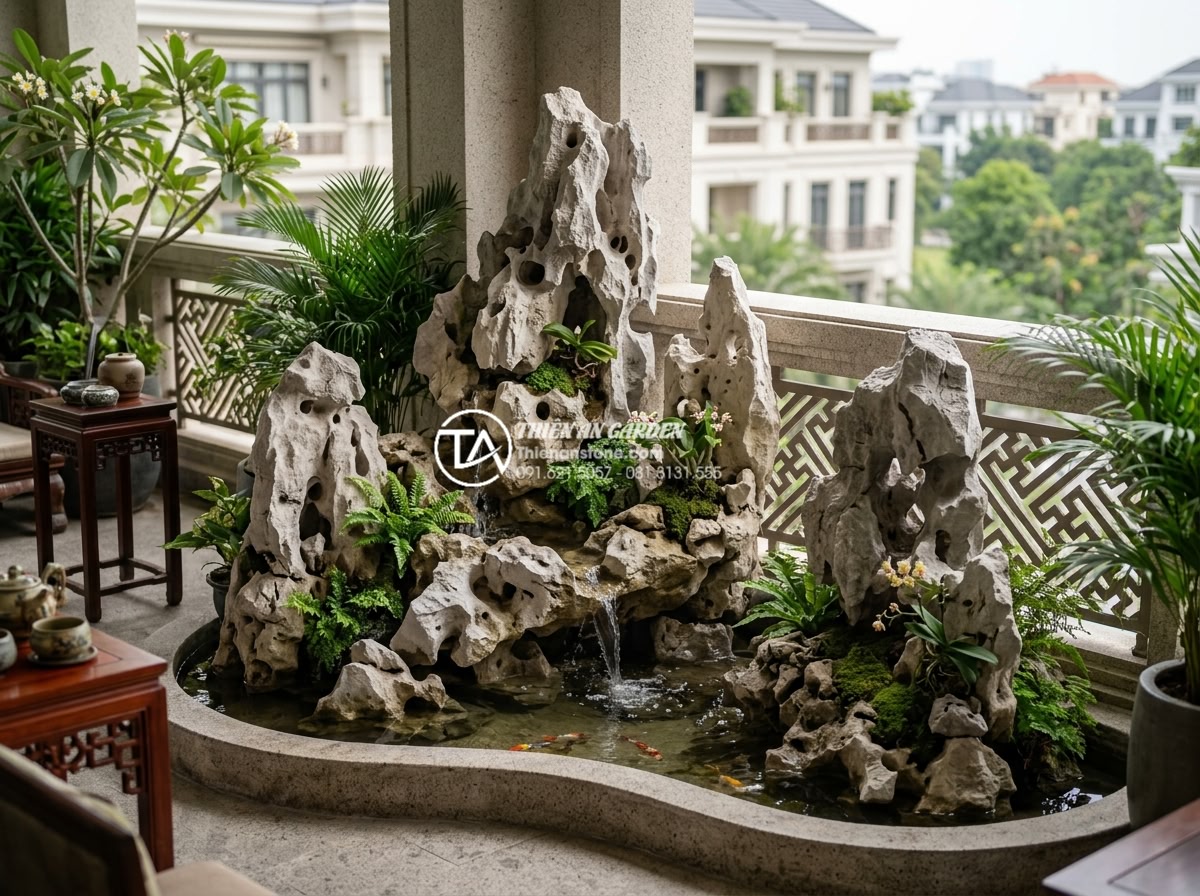 Review 10 đơn vị thiết kế thi công tiểu cảnh ban công uy tín nhất hiện nay - Intricate hand-carved stone art pieces integrated into a luxury balcony landscap