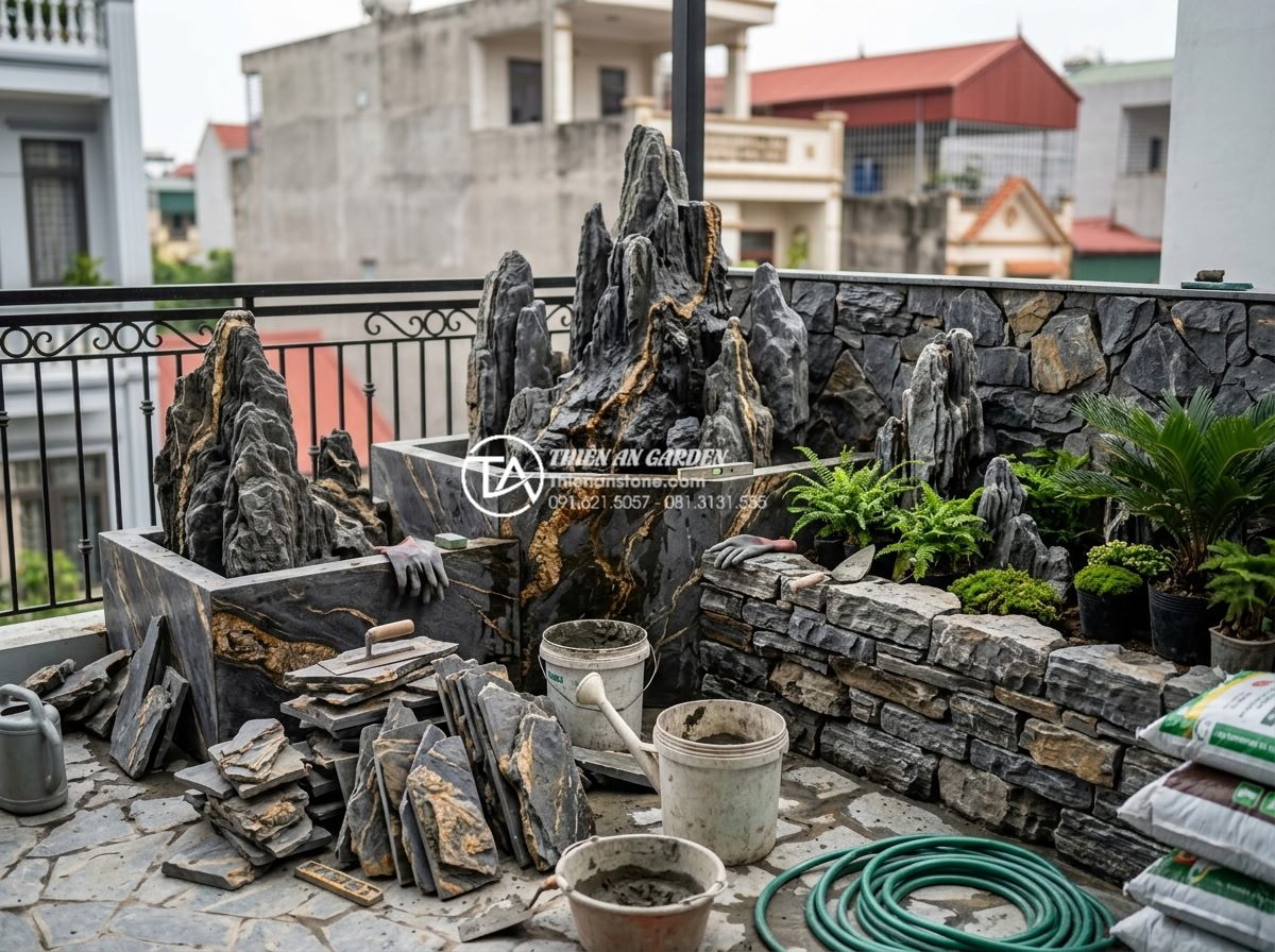 Review 10 đơn vị thiết kế thi công tiểu cảnh ban công uy tín nhất hiện nay - Professional team of landscape designers and stone craftsmen working on a balcon