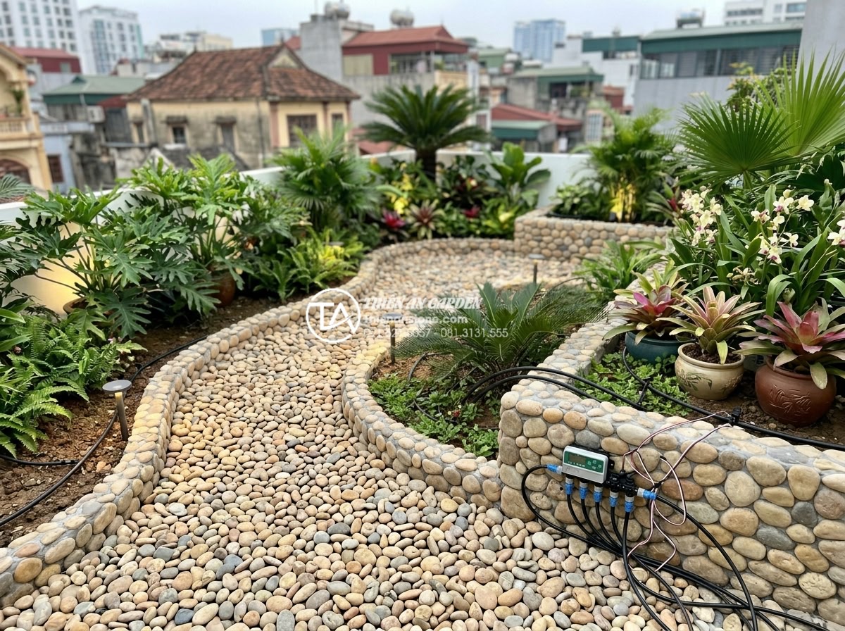 Review 5 đơn vị thi công tiểu cảnh sân thượng uy tín tại Hà Nội và TP.HCM - Completed professional rooftop garden installation with finished stone features,