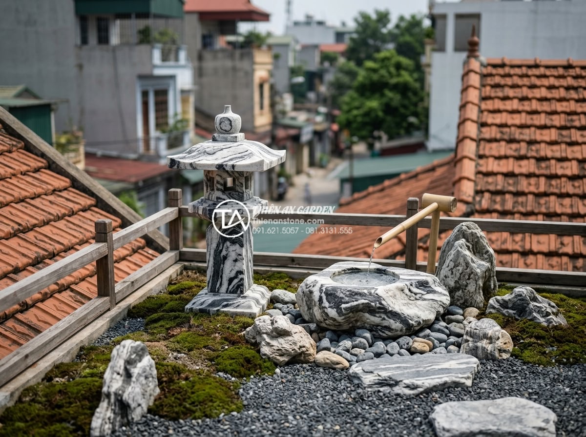 Review 5 đơn vị thi công tiểu cảnh sân thượng uy tín tại Hà Nội và TP.HCM - Minimalist rooftop mini landscape with stone lanterns and water features designe