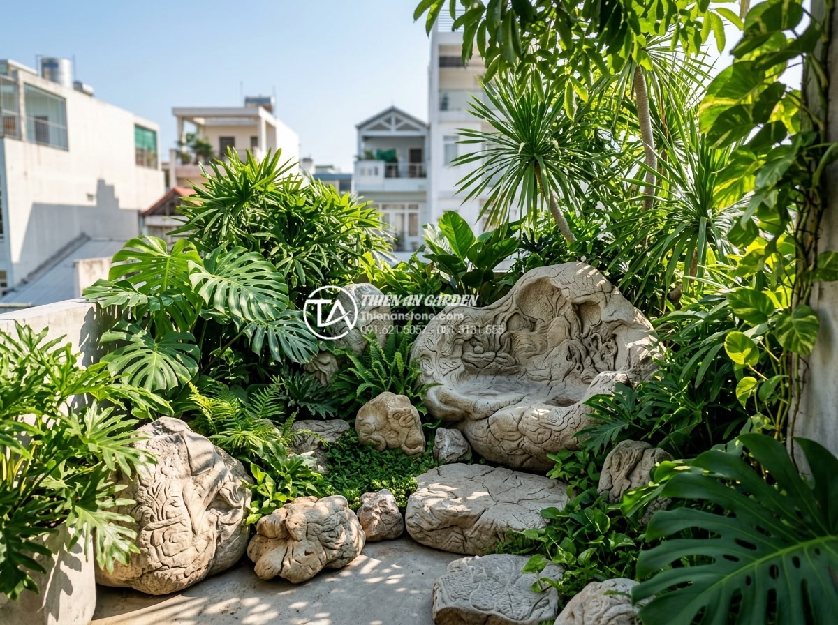 Review 5 đơn vị thi công tiểu cảnh sân thượng uy tín tại Hà Nội và TP.HCM - Vibrant green rooftop garden installation featuring carved stones and lush tropi