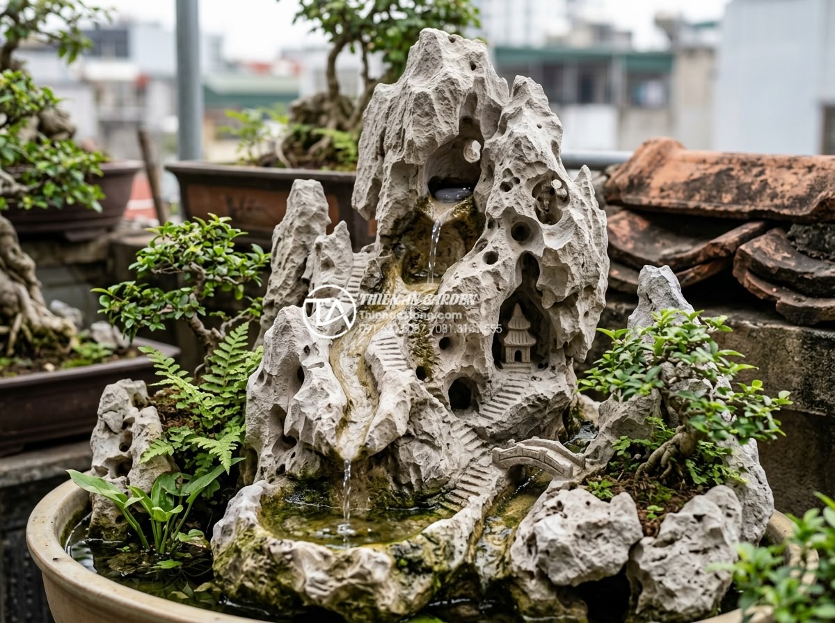 Review 5 đơn vị thi công tiểu cảnh sân thượng uy tín tại Hà Nội và TP.HCM - Detailed close-up of hand-carved natural stone artwork and decorative rocks arra