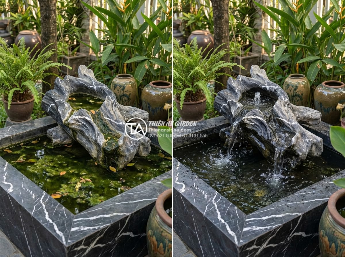 Review các loại máy bơm mini chuyên dụng cho tiểu cảnh nước góc sân - Hình 4 Review các loại máy bơm mini chuyên dụng cho tiểu cảnh nước góc sân - Before and after comparison of corner garden water feature with and without prop
