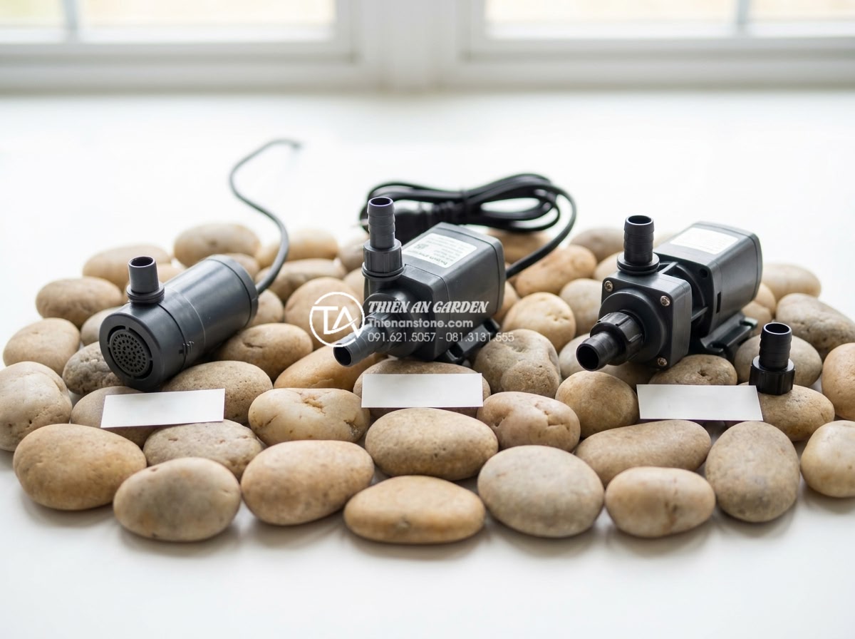 Review các loại máy bơm mini chuyên dụng cho tiểu cảnh nước góc sân - Hình 5 Review các loại máy bơm mini chuyên dụng cho tiểu cảnh nước góc sân - Various types of mini water pumps displayed side by side: submersible, external,