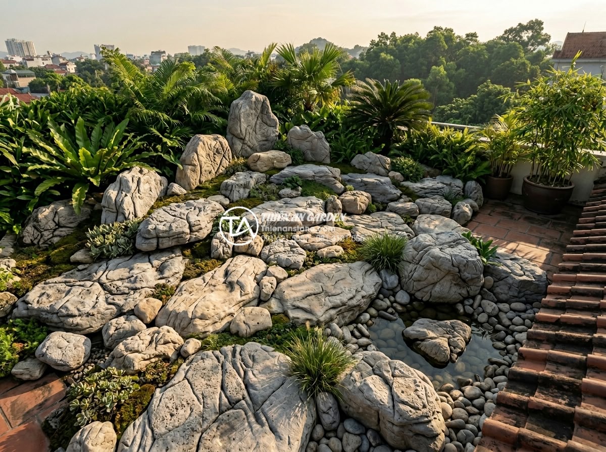 Sắp xếp đá cảnh sân thượng: Cách tạo chiều sâu cho không gian nhỏ - Photorealistic wide-angle view of a traditional Vietnamese rooftop stone garden 