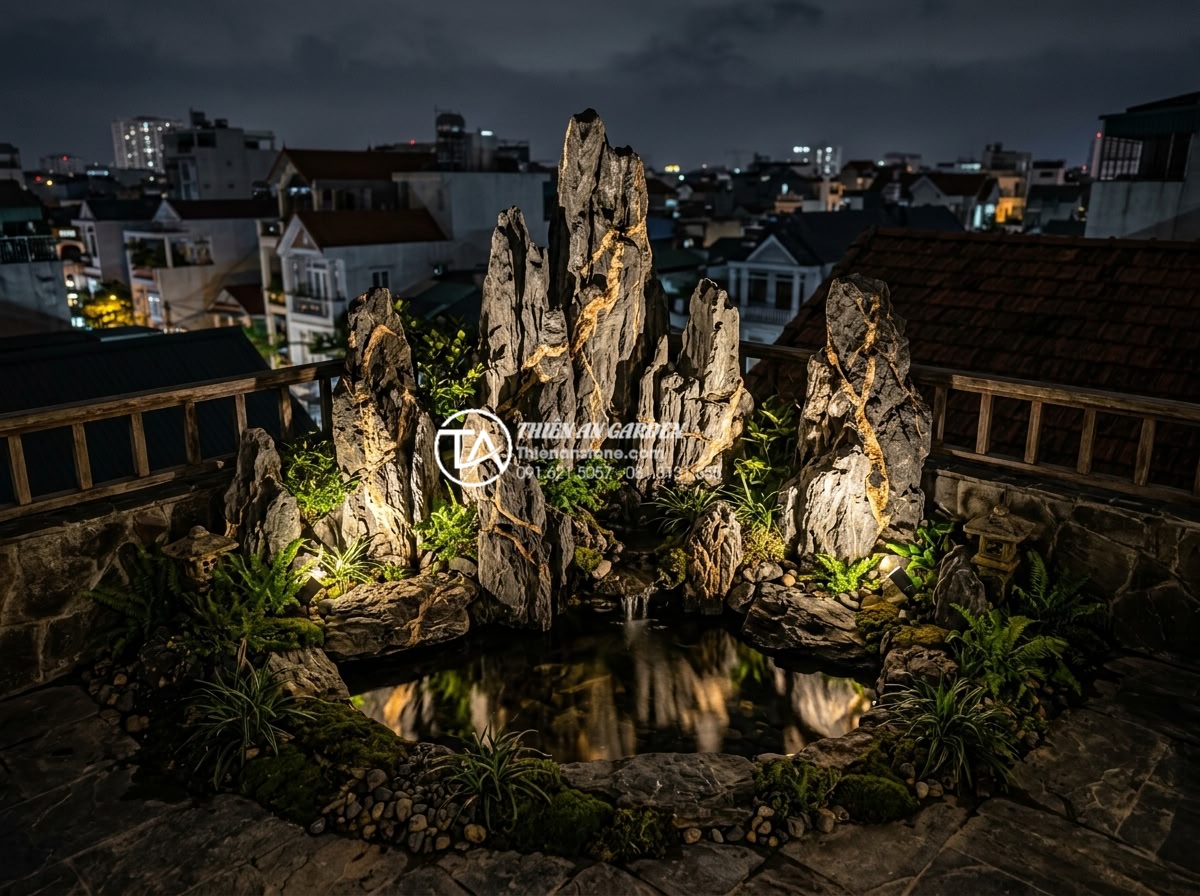 Sắp xếp đá cảnh sân thượng: Cách tạo chiều sâu cho không gian nhỏ - Stunning nighttime photograph of a compact rooftop stone garden in Vietnam illum