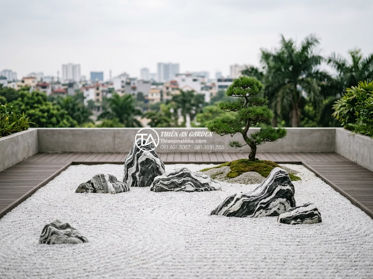 Sắp xếp đá cảnh sân thượng: Cách tạo chiều sâu cho không gian nhỏ - Serene minimalist Japanese zen style rooftop garden in Vietnam with raked white 