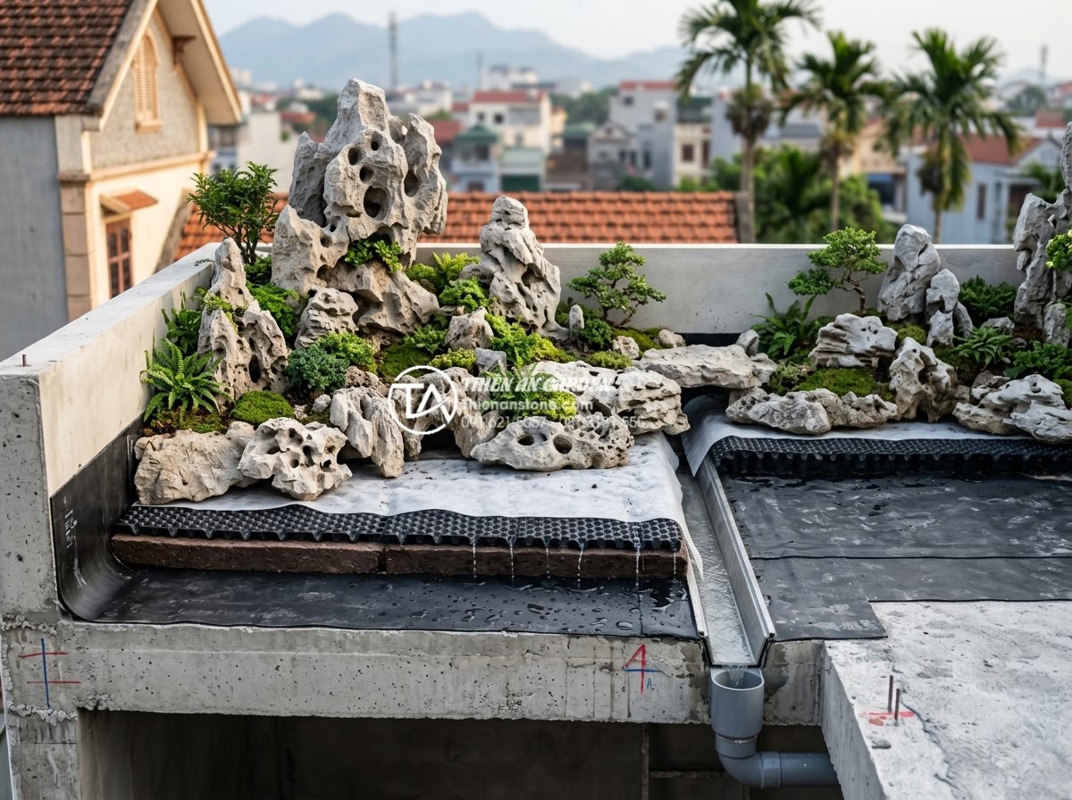 Sắp xếp đá cảnh sân thượng: Cách tạo chiều sâu cho không gian nhỏ - Detailed realistic image of proper rooftop stone garden drainage system with hid