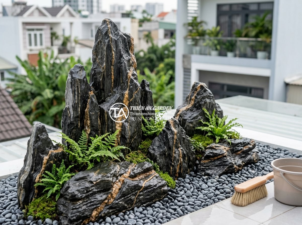 Sắp xếp đá cảnh sân thượng: Cách tạo chiều sâu cho không gian nhỏ - Step-by-step professional photography of rooftop stone garden maintenance: worke