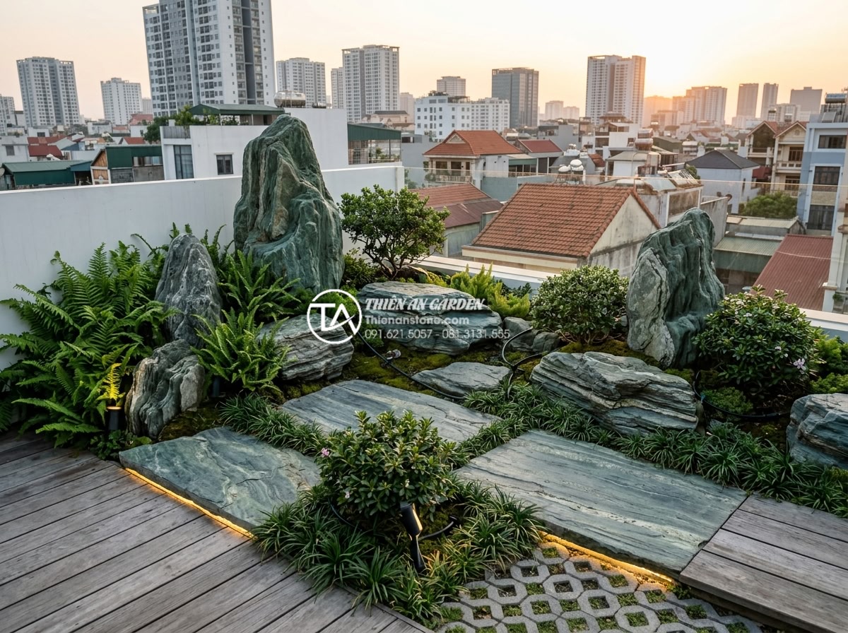 Sắp xếp đá cảnh sân thượng: Cách tạo chiều sâu cho không gian nhỏ - Futuristic yet realistic 2026 Vietnamese rooftop stone garden with smart lightin