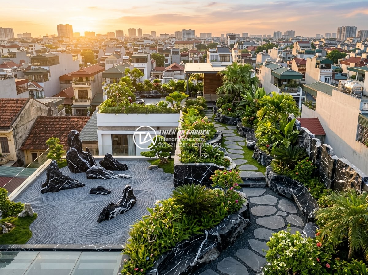 Sắp xếp đá cảnh sân thượng: Cách tạo chiều sâu cho không gian nhỏ - Inspirational wide shot of multiple beautiful Vietnamese rooftop stone gardens a