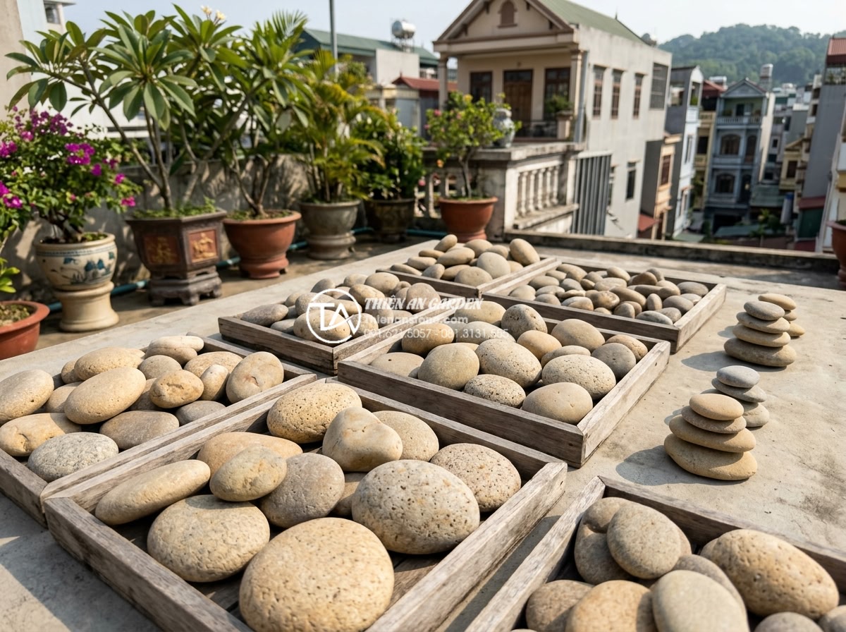 Sắp xếp đá cảnh sân thượng: Cách tạo chiều sâu cho không gian nhỏ - High-quality photograph of various natural stone samples arranged on a rooftop f