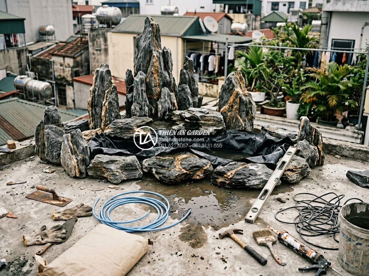So sánh chi phí tự làm và thuê dịch vụ thi công tiểu cảnh sân thượng - Challenges in DIY project illustrated by incomplete stone layout, water leakage 