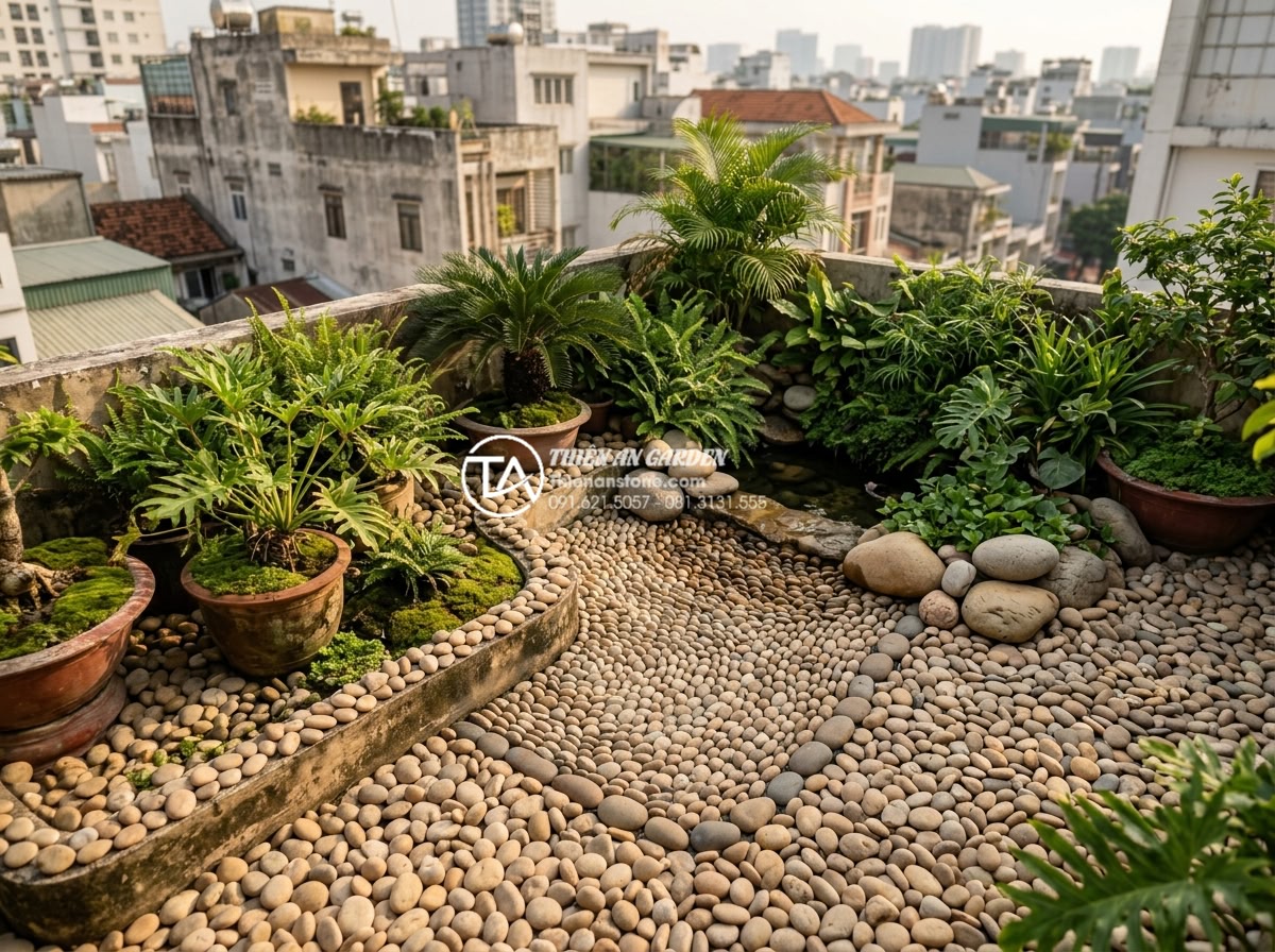 So sánh chi phí tự làm và thuê dịch vụ thi công tiểu cảnh sân thượng - Long-term maintenance team inspecting and cleaning a mature rooftop stone landsc