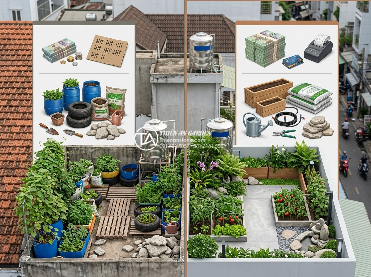 So sánh chi phí tự làm và thuê dịch vụ thi công tiểu cảnh sân thượng - Side-by-side comparison infographic of DIY versus professional rooftop garden co